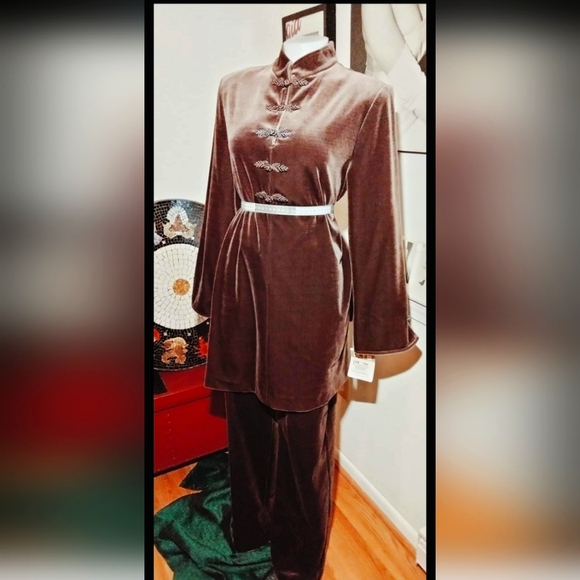 1970s dead stock ACT III 2 pc Velveteen long top & pants set. - Picture 4 of 12